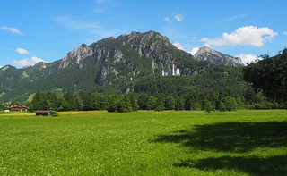 A view of Neuschwanstein Castle from across a field