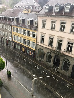 Waiting out a downpour in our hotel room