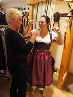 Kari getting fitted for a dirndl