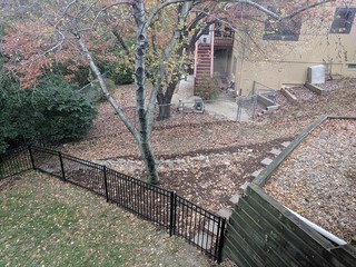 A dry stream and steps off to the side yard