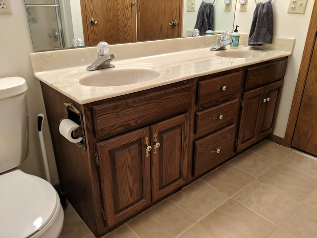 Dated vanity, counters, faucets, etc.