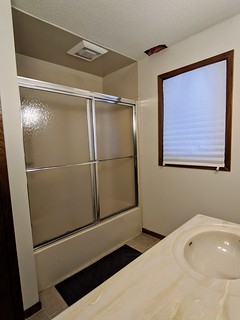 The dated / almond colored shower and glass doors