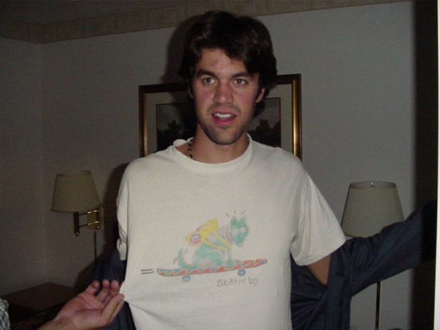 Skatin' By.  One of those free shirts you get for filling out a credit card sign up sheet or something.