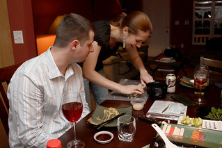 Jeff's drinking wine, Iulia's drinking Schlitz