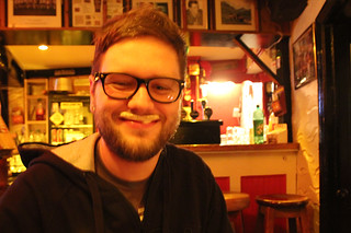 Guinness foam mustache at dinner