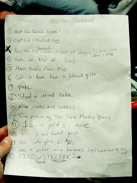 The list we made at the first bar - Front Street, Morgan, MN