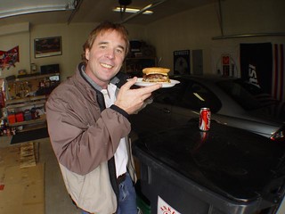 Chad Kraus - Jason Locke with the double decker Krausburger (1 brat burger + 1 beef burger = hardcore)