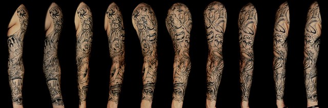 A collage of my black and gray left sleeve