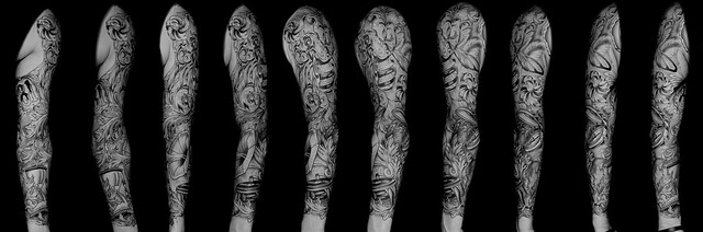 A grayscale collage of my black and gray left sleeve