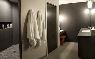 Walking into the master bathroom