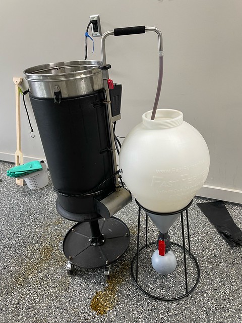 Black saison on the way to the fermenter