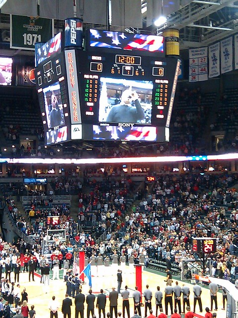 Ando singing the national anthem at the bucks/suns game.