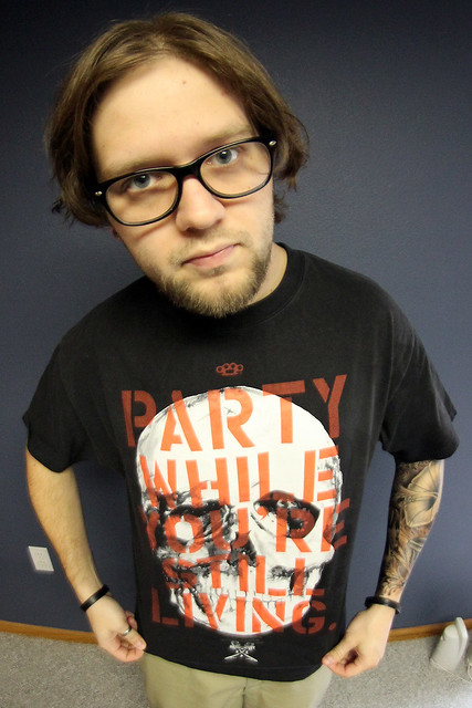 Wearing my favorite "Rapture's Eve" shirt!