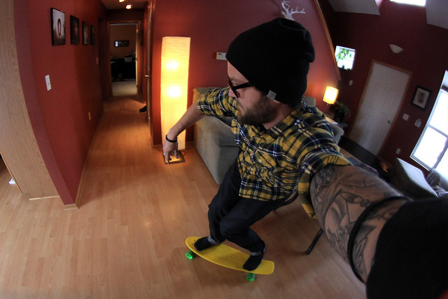 It's Friday afternoon. It's snowing. Let's skateboard in the house.