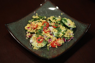 Cooking - Tomato, lentil, and cucumber salad.