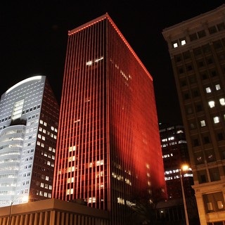 MS - The Des Moines Financial Center lit up orange for MS Awareness Week