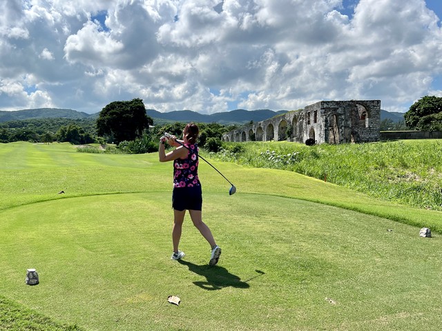 Brooke drives next to the ruins
