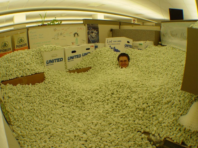 Zach in the packing peanuts