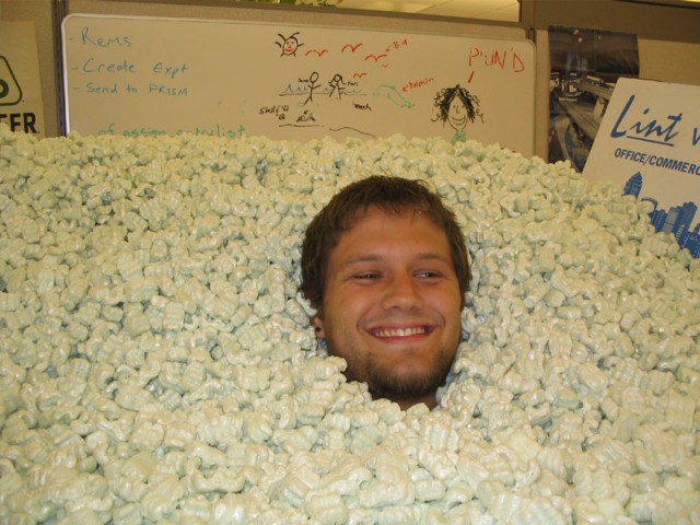 Sitting in packing peanuts