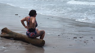 beach - Kari took a seat on this log for a second - and then got destroyed by a wave.