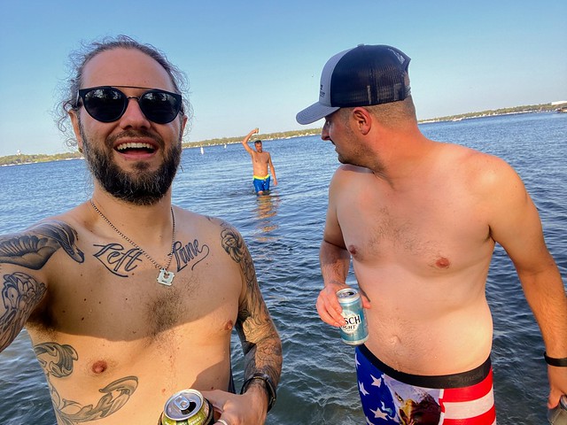 Jeff's in his america underwear. Josh is dumping cans of beer on himself. I'm taking selfies.