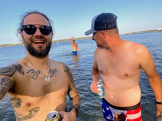 frame - Jeff's in his america underwear. Josh is dumping cans of beer on himself. I'm taking selfies.