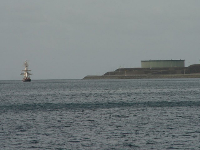 A pirate ship and a crude oil tank at Hess Oils