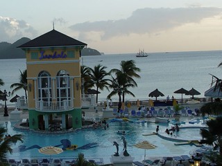 Main pool, swim-up bar, and a pirate ship