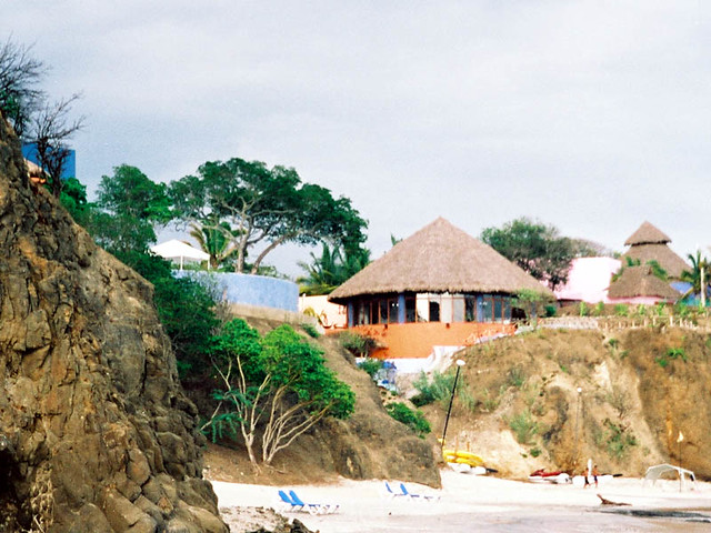 Looking at the seafood restaurant and ocean-view pool from the beach @ Viva Vallarta