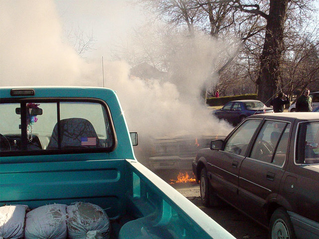 Kari's Truck and a Car on Fire