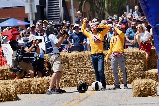 Shotgunning red bulls at the finish line