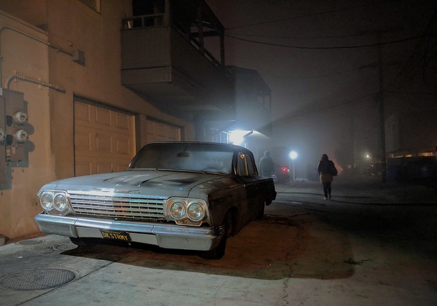 Walking down a foggy, San Diego Alley