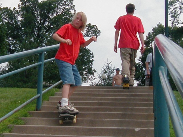 Gabe riding down the stairs