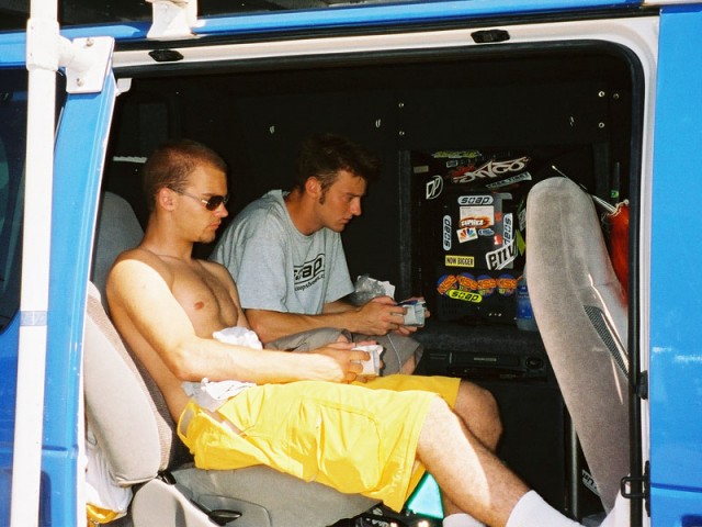 Daylon and Bryndon playing Sega in the van