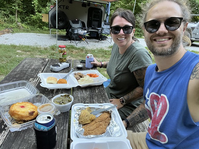We got take-out southern food from a local spot on the way bak to camp. Fried catfish and cornbread stuffing??