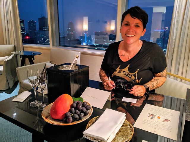 Greeted with fresh fruits and sparkling sake in our hotel room. Kari loves sparkling sake.