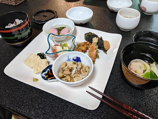 Lunch @ the temple. Fermented soybeans, fishcakes, tofu skin, soups, etc, etc