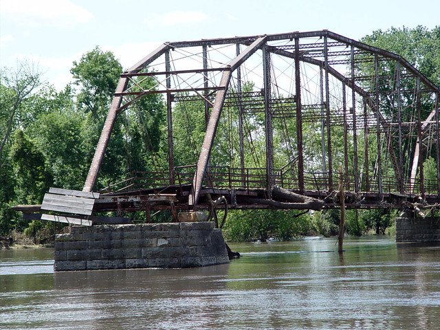 Trees and picnic tables stuck on the Sutliff Bridge