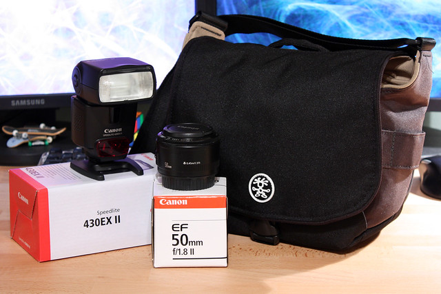 The Mail Came! Canon 430EX II Flash, 50mm/f1.8 lens, and a Crumpler 5 Million Dollar Bag