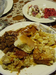 Turkey, Potatos, Scalloped Corn, Scalloped Oysters, Stuffing, Roll, Fruit Salad, Cranberries