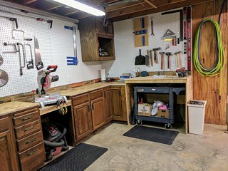 Cabinets, miter station, standing bench, pegboard