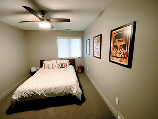 Ceiling fan, art, and furniture going into the guest bedroom