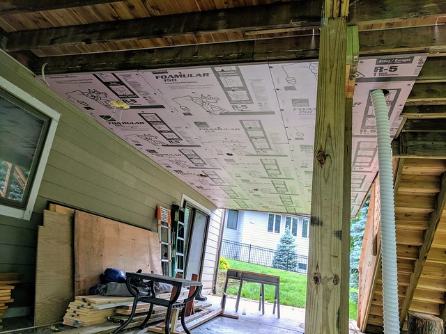 Patio ceiling covered with foam. Fixed (and moved) the bathroom vent. and got everything wired for speakers and ceiling fans.