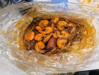 A big ol bag of shrimp and kielbasa