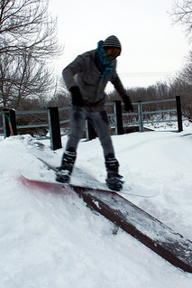 Snowboarding - Gabe with a backside boardslide