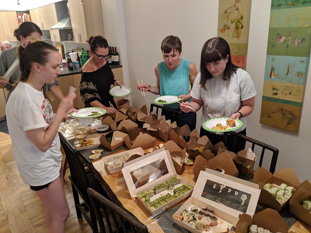 Sushis and pizzas and dumplings at Julia's place