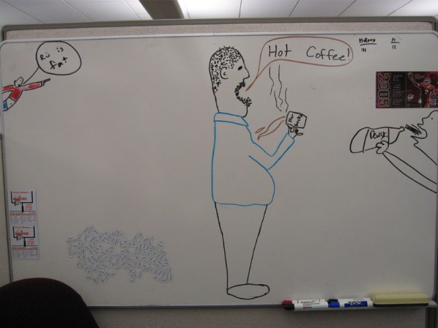 Ru is fat, Ru spilled Starbucks on himself, and dude is slammin a dewsk