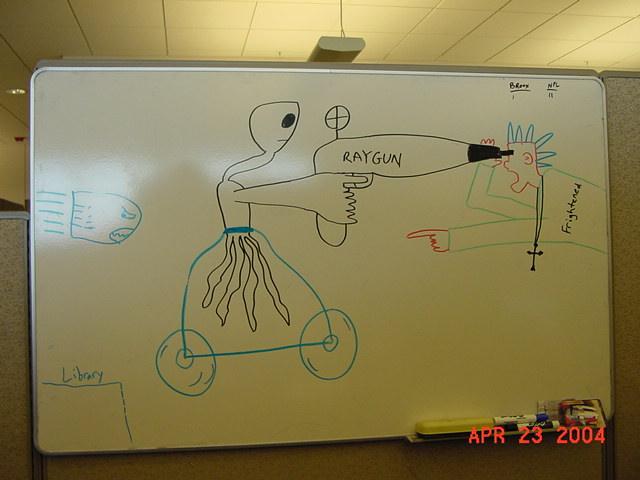 bullet, alien cart, ray gun, and frightened guy