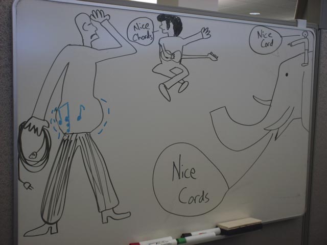 &lt;Kraus&gt; no, but in my computer room and behind my tv stuff there are lots of chords plugged into a powerstrip &lt;vanwinkle&gt; chords = more than one note played in harmony