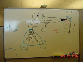 bullet, alien cart, ray gun, and frightened guy